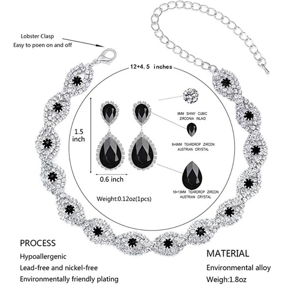 Black Siver Crystal Necklace Set CZ Cubic  Rhinestone Necklace Bracelet Earrings - Picture 5 of 5